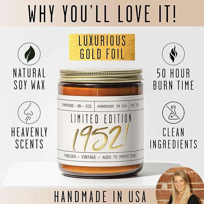 73rd Birthday Gifts for Women - 'Limited Edition 1952' Soy Candle, w/Champagne on Ice I 73 Birthday Gifts for Women I 73rd Birthday Gift for Her Ideas I 9oz Reusable Jar, 50Hr Burn, Made in USA