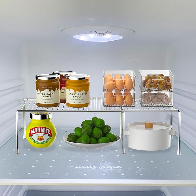 Kitchen Cabinet Expandable Shelf Organizers Set of 4, Adjustable Metal Wire Pantry Storage Shelves, Plate Dish Organizer Rack for Cabinets, Cupboard, Counter, Freezer, Countertop, Chrome