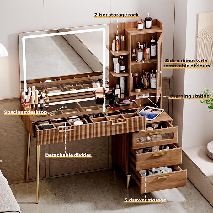 Vanity Desk with 29.53" HD Lighted Mirror, 47.24" Big Modern Vanity Desk with Mirror and Lights, Makeup Vanity with 5 Drawers and Storage Shelves and Charging Station,Brown
