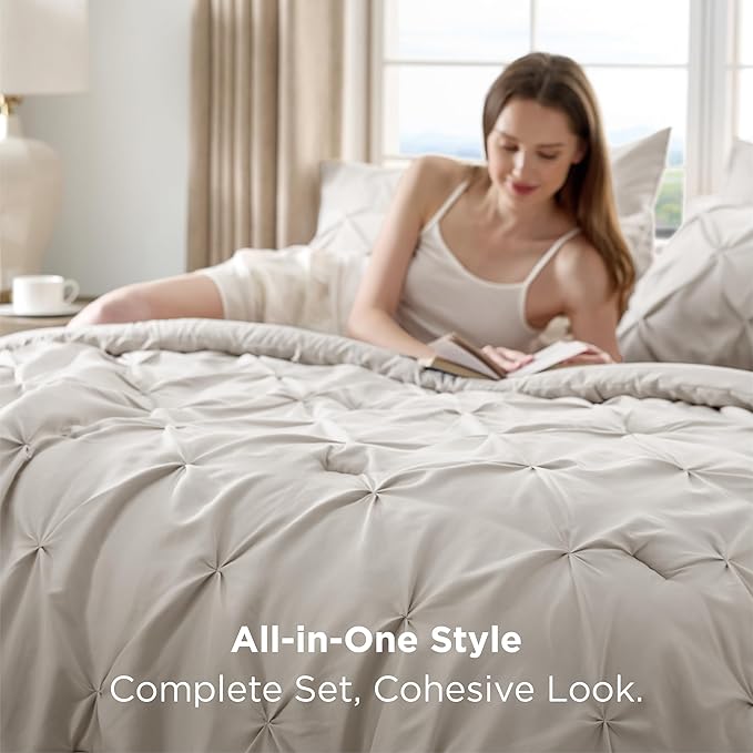 Bedsure Twin Comforter Set Linen - Bed in a Bag Twin Size Bedding 5 Pieces, GentleSoft™ Pintuck Bed Set Gift for Family, Pinch Pleat All Season Comforter with Sheets, Pillowcases & Shams