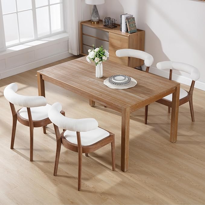 Kmax Dining Room Chairs Mid-Century Modern Fabric Kitchen Chairs with Natural Walnut Finished Frame, Linen Curved Back, Set of 6, White
