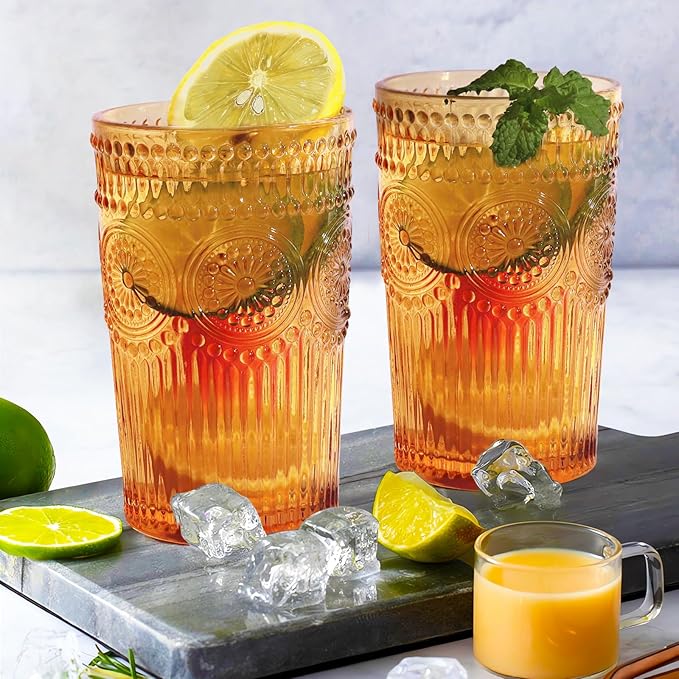 6pcs Vintage Drinking Glasses Set, 12 oz Amber Highball Glasses, Embossed Ribbed Glassware Cups for Thanksgiving Cocktail, Juice, Whiskey