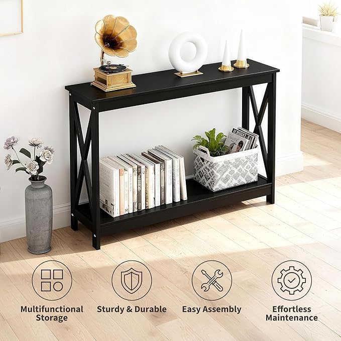 SUPER DEAL Console Table 47”, 2-Tier Narrow Sofa Side Table with Storage Shelf, Entrance Table for Hallway/Foyer/Living Room/Corridor/Office, Black