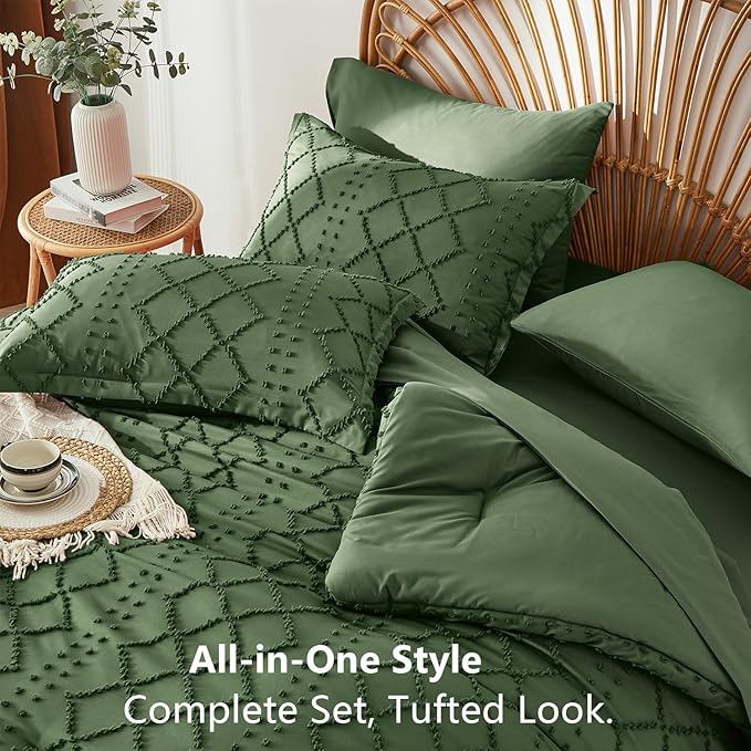 Oliver Green Tufted Comforter Set Queen Size 7 Piece Bed in a Bag,Shabby Chic Boho Comforter and Sheet Set,All Season Soft Microfiber Complete Bedding Set(Oliver Green,90"x90")