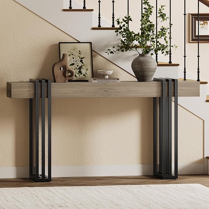 63" Long Console Table for Entryway - Behind Couch Table for Living Room, Wood Sofa Tables with Black Parallel Metal Frame & Power Outlet for Hallway, Entrance, Narrow Foyer, Light Walnut