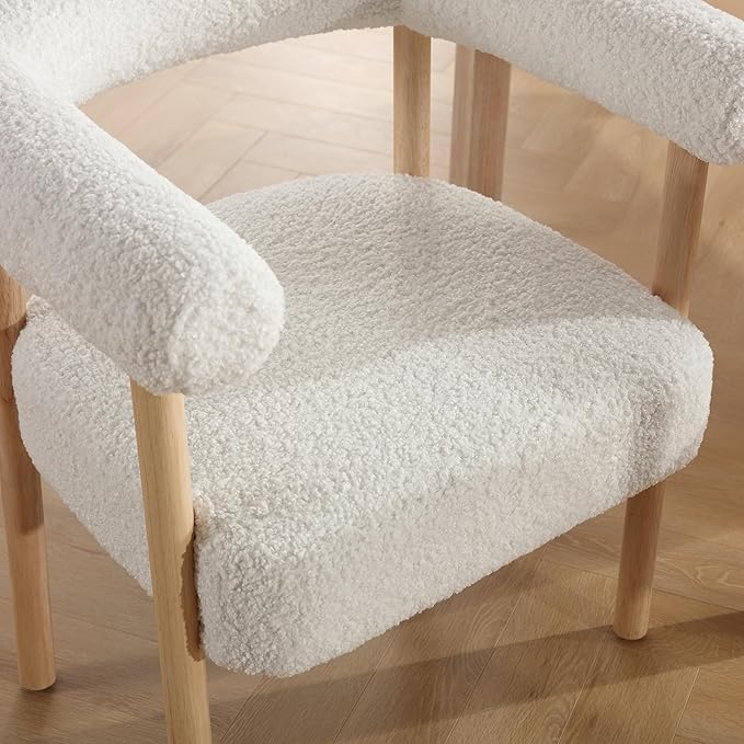 White Boucle Dining Chairs Set of 6, Modern Upholstered Dining Chairs, Curved Backrest Kitchen Dining Room Chairs Accent Chairs Arm Chairs with Natural Wood Legs