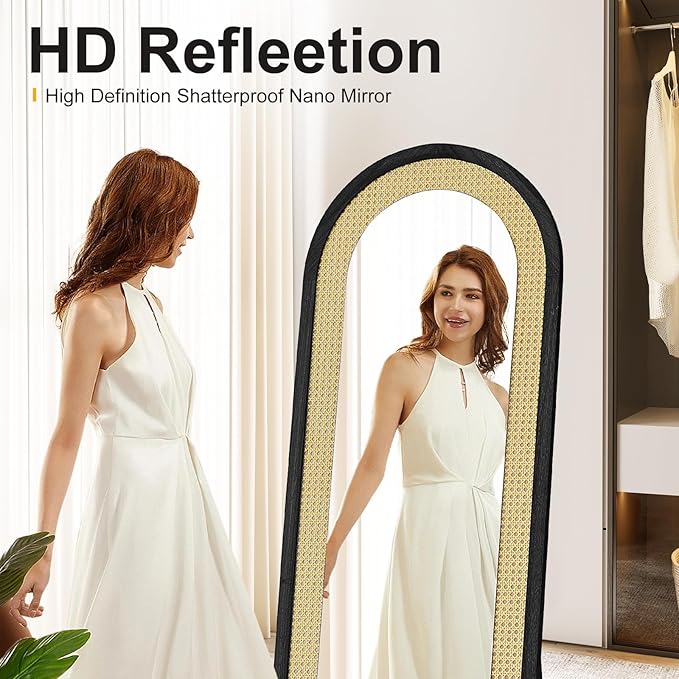 Arched Full Length Mirror with Solid Wood Frame & Rattan Panel, 64"x21" Rustic Wall Mounted Floor Mirror - Free Standing, Leaning Against Wall, Wall-Mounted for Bedroom Living Room (Black)