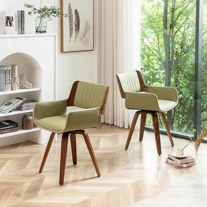 LUNLING Swivel Accent Faux Leather Dining Chairs Set of 2 Mid Century Modern Chairs with Wooden Legs/Armrest/Upholstered Seat/Adjustable Foots for Kitchen Dining Room Desk Chairs Beige