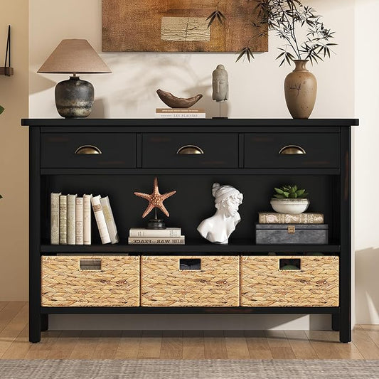 GDFStudio 47" Retro Console Table with 3 Drawers & 3 Water Hyacinth Baskets, Wooden Entryway Buffet Table with Lower Shelf, Vintage Side Board Storage Cabinet for Entryway Hallway Living Room, Black