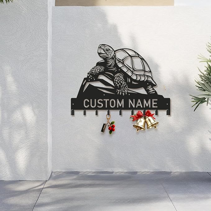 Custom Tortoise Metal Key Holder for Wall, Personalized Family Name Metal Sign with Hooks, Entryway Coat Rack and Organizer for Keys, Leashes, Hats (Style-2)