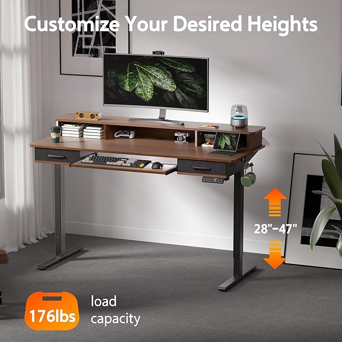 55 Inches Electric Standing Desk with Keyboard Tray, Height Adjustable Sit to Stand Table with 2 Drawers, Ergonomic Home Office Desk with Storage Shelf, Computer Table, Black Walnut