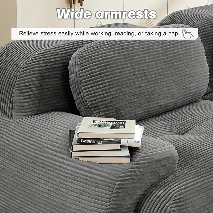 80" Modern Compressed Boneless Love Seat Couches with 2 Ottomans, 2 Seater Large Sectional Couches for Living Room, Gray Corduroy Cloud Modular Sectional Sofa, Memory Foam, Deep Loveseat, No Assembly