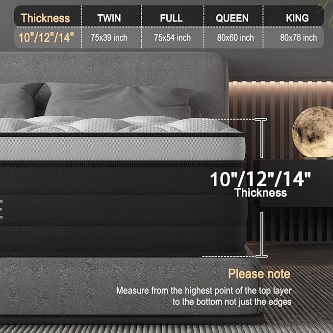 Queen Mattress, 12 Inch Hybrid Mattress in a Box with Individual Pocket Spring, Gel Memory Foam and Euro Top, Medium Firm Feel with Motion Isolation, Pressure Relief, Edge Support,Queen Size Black