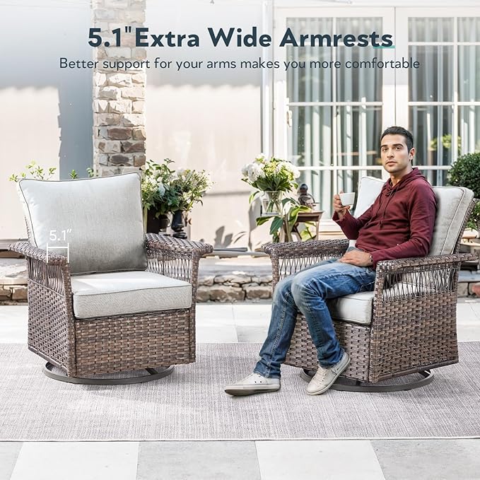 5 Pieces Wicker Patio Furniture Set - Hollow Widen Armrest Outdoor Swivel Glider Chairs with Side Table & Ottomans, Small Patio Conversation Set for Balcony Porch Deck and Yard - Brown/Beige