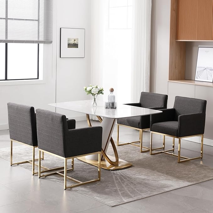 Upholstered Dining Chairs with Armrest Set of 2 Mid Century Modern Accent Chairs Armchairs with Gold Metal Frame, Modern Kitchen & Dining Room Chairs, Charcoal