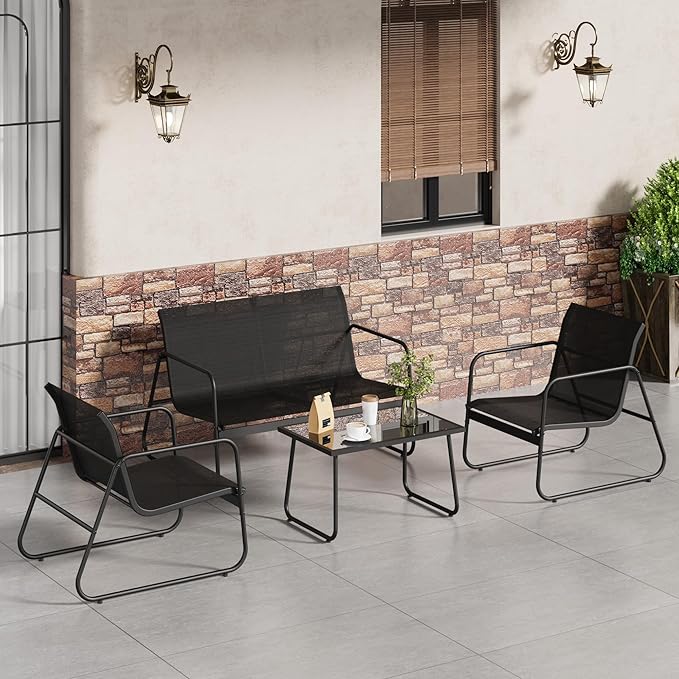 GarveeLife 4Pcs Textilene Conversation Set with 2 Chairs, Patio Conversation Set with Single Chairs and Glass Top Coffee Table, Textilene Furniture Set with Love Seat
