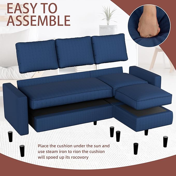 JAMFLY Sectional Sofa Couch Convertible L Shaped Sofas with Ottoman Small Sectional Couches for Living Room, 3 Seater Couch for Small Spaces, Blue