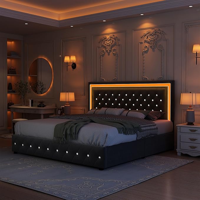 King Bed Frame with LED Lights, Storage Drawers, No Box Spring Needed, 900 lbs Capacity, Easy Assembly, Velvet Grey