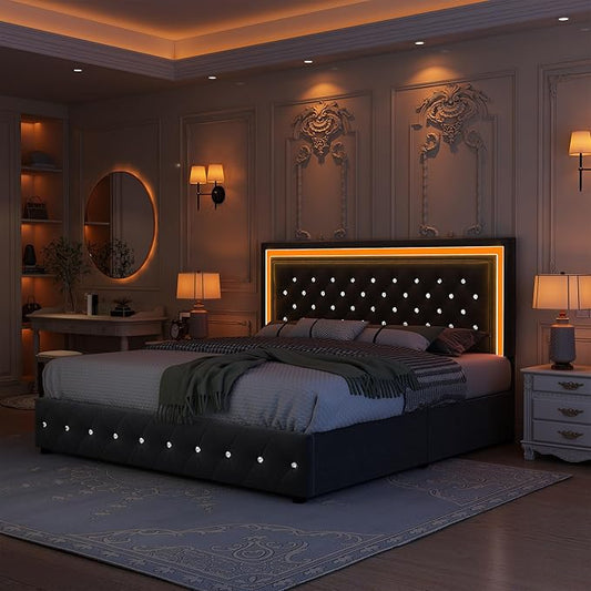 King Bed Frame with LED Lights, Storage Drawers, No Box Spring Needed, 900 lbs Capacity, Easy Assembly, Velvet Grey