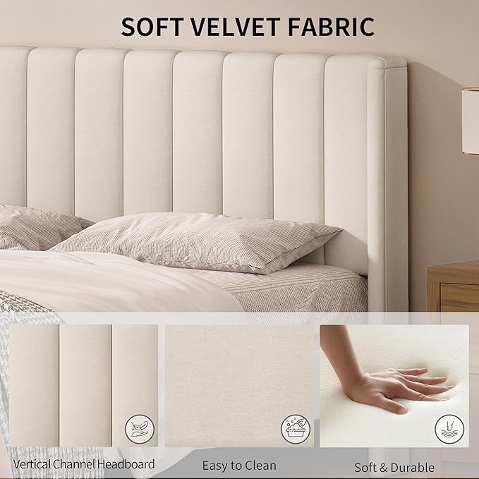 King Size Upholstered Platform Bed Frame with Modern Wingback & Vertical Panel Headboard, Linen Fabric, Wooden Legs & Slats Support, No Box Spring Needed, Noise-Free & Easy Assembly, Beige