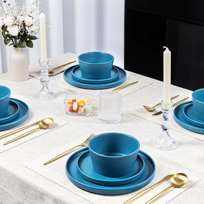 Dinnerware Sets for 4 - CJDC-QUELO 12-Piece Stoneware Plates and Bowls Sets, Ceramic Dishware Sets for Kitchen Use and Formal Dining, Chip and Scratch Resistant Microwave Dishwasher Safe, Blue