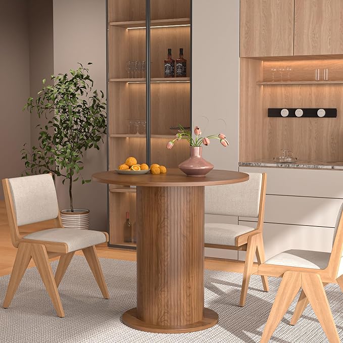 31.5 inch Round Dining Table for 2, Modern Farmhouse Kitchen Table, Small Circle Dining Tables with Wood Strip Base for Kitchen Living Room (Walnut)