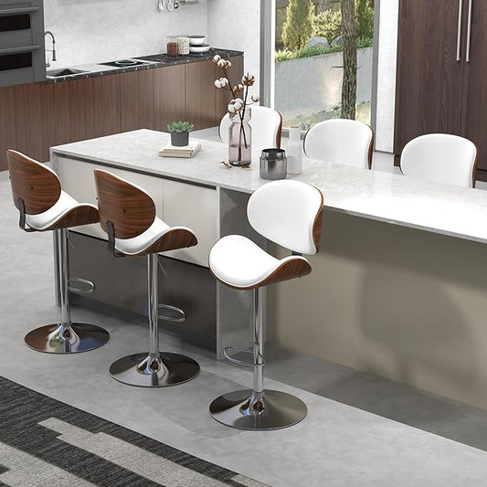 civama Bar Stools Set of 6 for Kitchen Counter, Adjustable Bar Height Chairs, Modern Swivel Barstools with Bentwood Seat and Back with Footrest for Kitchen Island, Dining Room, White PU Leather