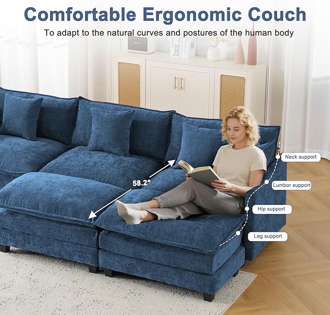 146" Cloud Chenille Sectional Couch 4+2 with Ottomans｜Large Modular Sofa for Spacious Living Rooms｜FSC Solid Wood Frame｜29.1" Deep Seat｜Easy Assembly & 1YR Guarantee