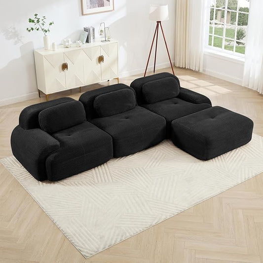 116" Modern Corduroy Cloud Sofa with Ottoman, L Shaped Boneless Modular Large Sectional Couches for Living Room, Black 3 Seater Compressed Memory Foam Couch, Extra Deep Seat, No Assembly