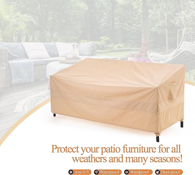 WJ-X3 3-Seater Outdoor Sofa Cover, Heavy Duty Patio Sofa Cover, Outdoor Couch Cover Waterproof, High Wind Resistant Design for Patio Couch Cover, 87W x 37D x 35H, Beige