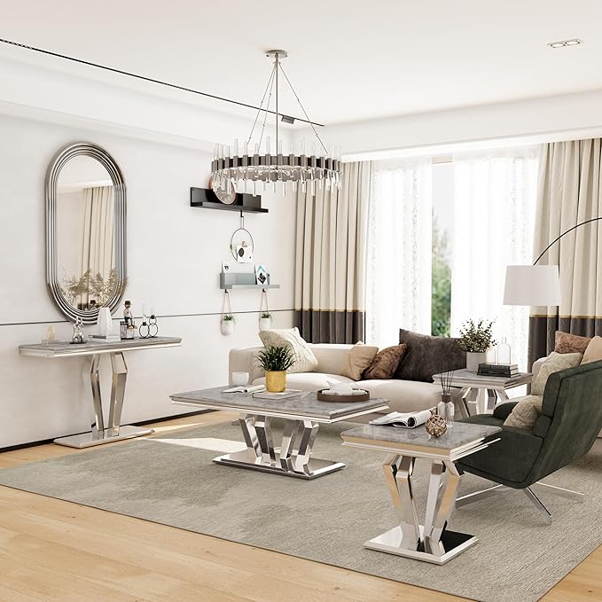 Silver Console Table, Luxury Grey and Silver Sofa Table, 50 inch Rectangle Entryway Table with Mirrored Geometric Base for Living Room, Hallway