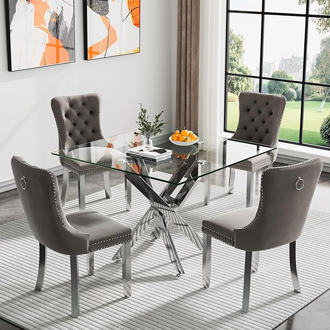 Henf 36'' Tempered Glass Dining Table for 2-4 People, Square Kitchen Table with Silver X-Base Metal Legs, Adjustable Feet, Glass Desk for Small Space, Clear Square Dining Room Table for 4