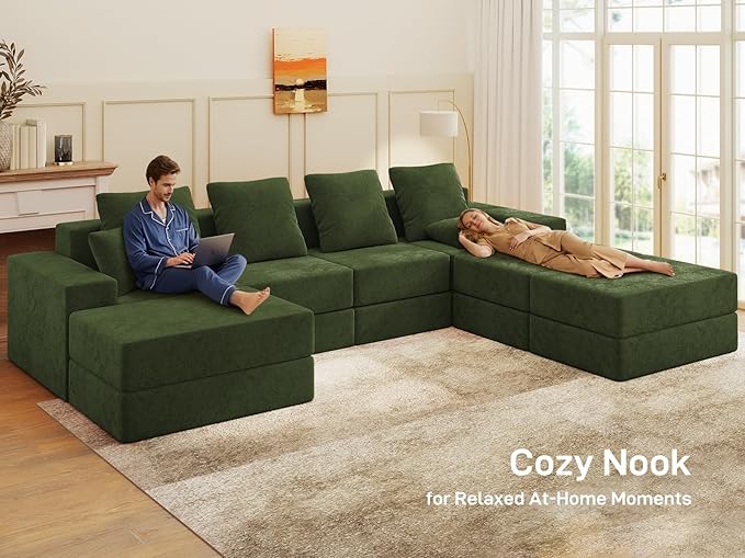 Living&Giving 128" U-Shaped Cloud Sectional Couch for Living Room, Cloud Boneless Couch-No Assembly with Reversible Chaise, Customizable 4-Seat Modular Sectional Sofa with 3 Ottoman, Green