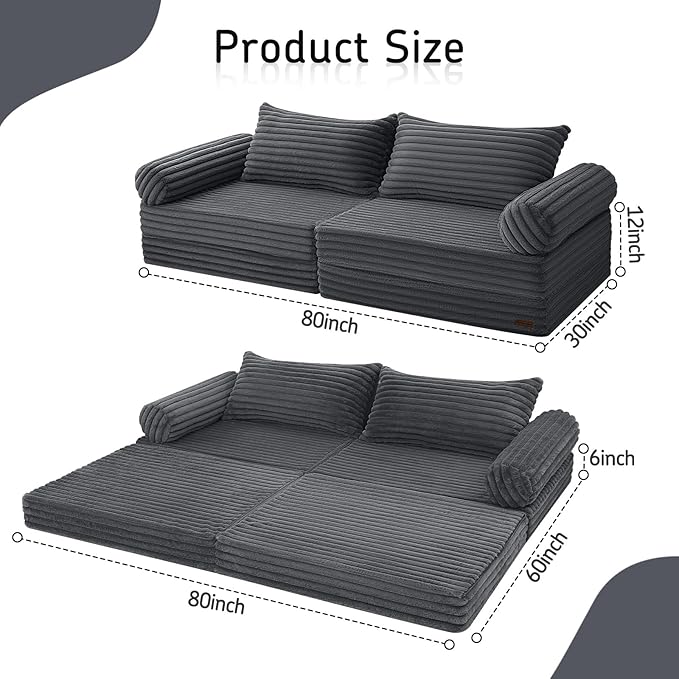 MeMoreCool Convertible Sofa Bed, Folding Floor Couch Bed Queen, Pull Out Sleeper Couch with Pillows, Fold Out Futon Sofa for Bedroom Living Room Small Space, Corduroy Grey