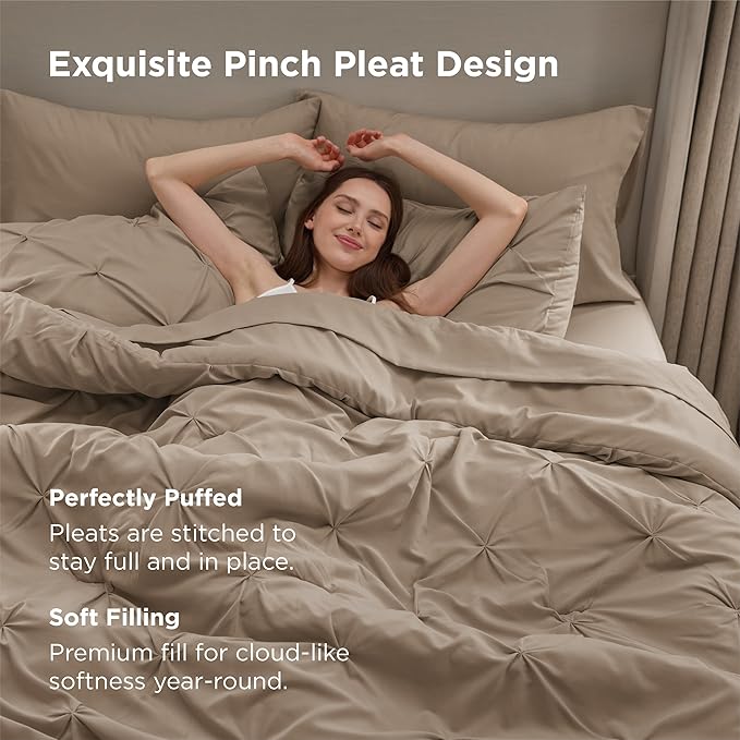 Bedsure California King Comforter Set Khaki - Bed in a Bag Cal King Bedding Set 7 Pieces, GentleSoft™ Pintuck Bed Set Gift for Family, Pinch Pleat Khaki Comforter with Sheets, Pillowcases & Shams