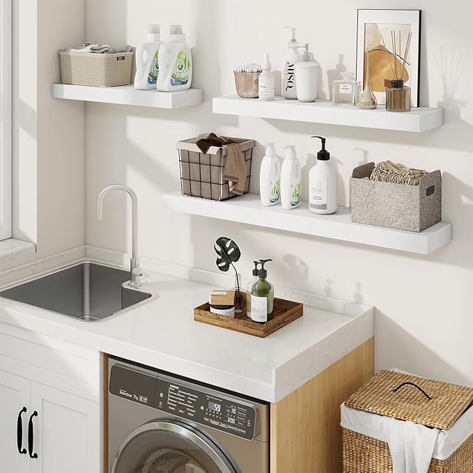 fuqing Floating Shelves for Wall, Wall Mounted Wood Floating Shelf with Invisible Brackets for Living Room, Bathroom, Bedroom, Kitchen Storage and Decor, 55 Inch Set of 2, White