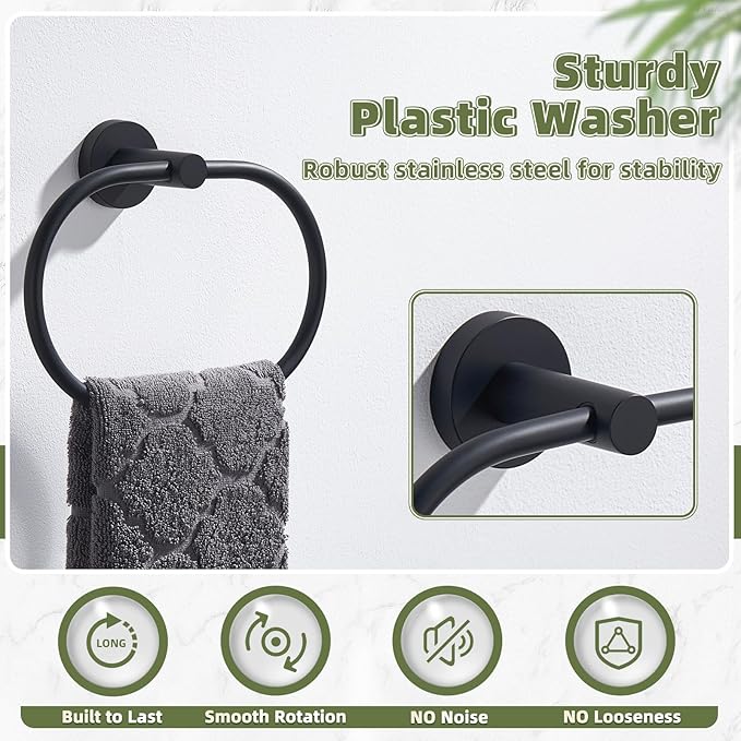 APLusee Matte Black Towel Ring, Stainless Steel Oval Hand Towel Holder for Bathroom Kitchen, Wall Mounted