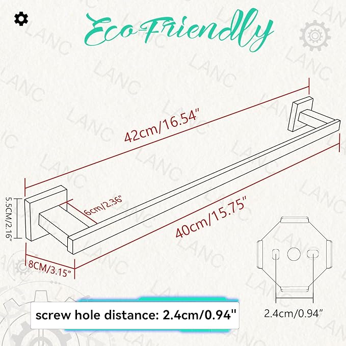 LANC Hand Towel Bar for Bathroom Wall Mounted 16-Inche 40CM Brushed Nickel Bath Towel Rack Stainless Steel Towel Rod for Toilet Kitchen Towel Holder Towel Hanger Towel Rail, A9010BN-L4