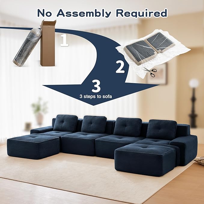 150.4'' Sectional Sofa, 32D Foam Corduroy Boneless Couch with Pillow, Deep Seat Wide Arm Sectional U Shaped Couch for Living Room, Apartment, Bedroom
