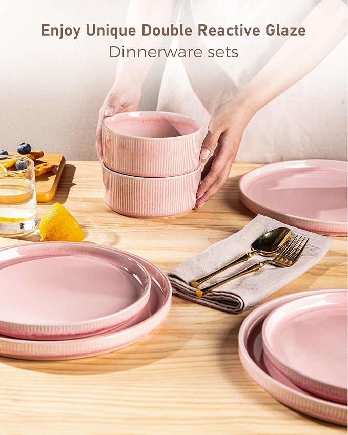 GBHOME Stoneware Dinnerware Sets for 4,Round Reactive Glaze Ceramic Plates and Bowls Set,Highly Scratch Resistant | Dishwasher & Microwave Safe Dishes Set,Service for 4(12Pcs),Pink