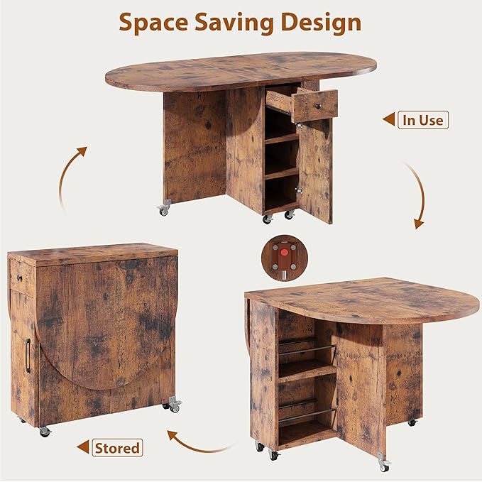 Folding Dining Table for 4 Kitchen Dining Room DinnerTable with Storage Drawer Space Saving Oval Foldable Drop Leaf Gateleg Furniture for Small Space (Vintage, 51 * 31.5 * 30)
