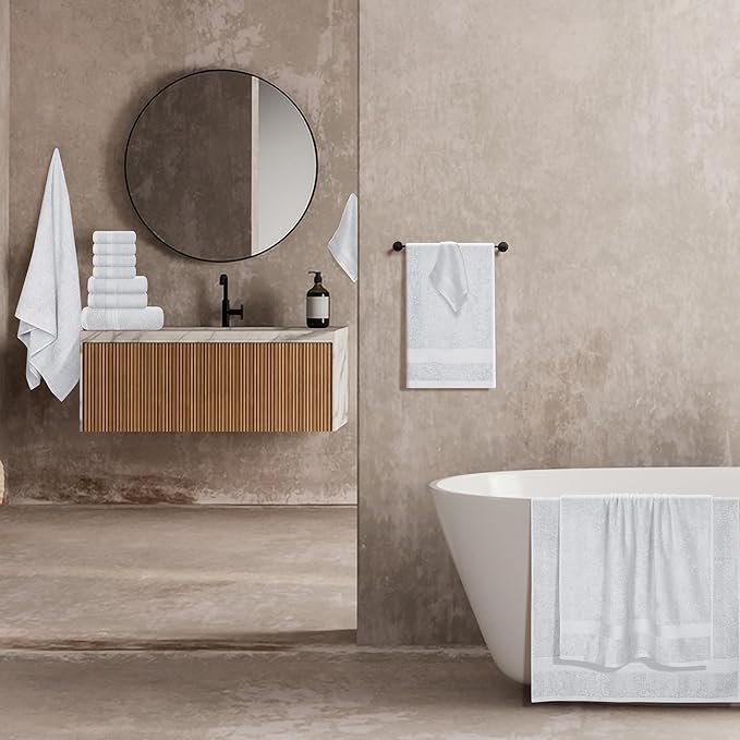 BOUTIQUO 24 Pack Cotton Towel Set, Contains 6 Bath Towels 27x54 inch, 6 Hand Towels 16x24 inch & 12 Wash Coths 12x12 inch, Ideal Everyday use, Ultra Soft Compact & Lightweight - Light Grey