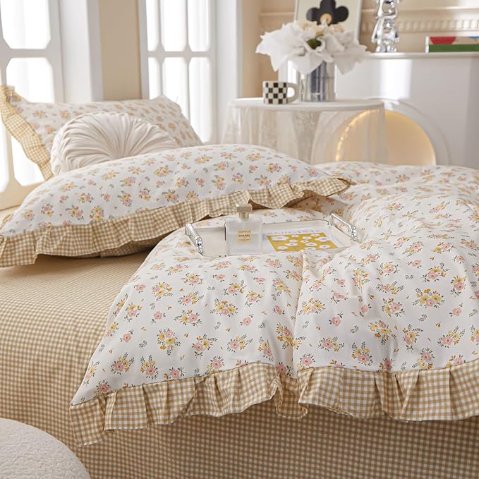 EAVD French Garden Style Ruffled Floral Comforter Set King Fluffy Soft Microfiber Chic Shabby Pink Yellow Floral Bedding Set with 2 Pillowcases Fresh Botanical Comforter Set for All-Season