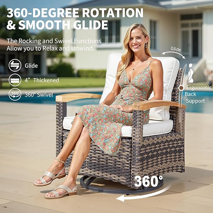 MEISSALIVVE 10 Pieces Outdoor Patio Furniture Sets,PE Wicker Patio Conversation Sets with 4 Wood Armrests Swivel Rocker Chairs，2-seat Sofa and Coffee Table(Brown)