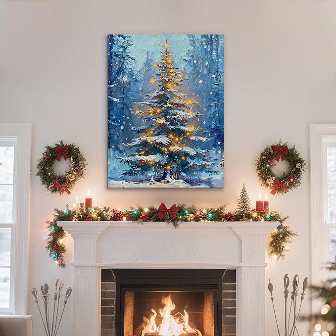 Framed Christmas Pictures Wall Decor,Vintage Pine Tree Prints,Winter Christmas Canvas Wall Art Decoration for Bedroom Bathroom Living Room Rustic Xmas Holiday Gifts (Christmas Tree 1, 12'' X 16'')