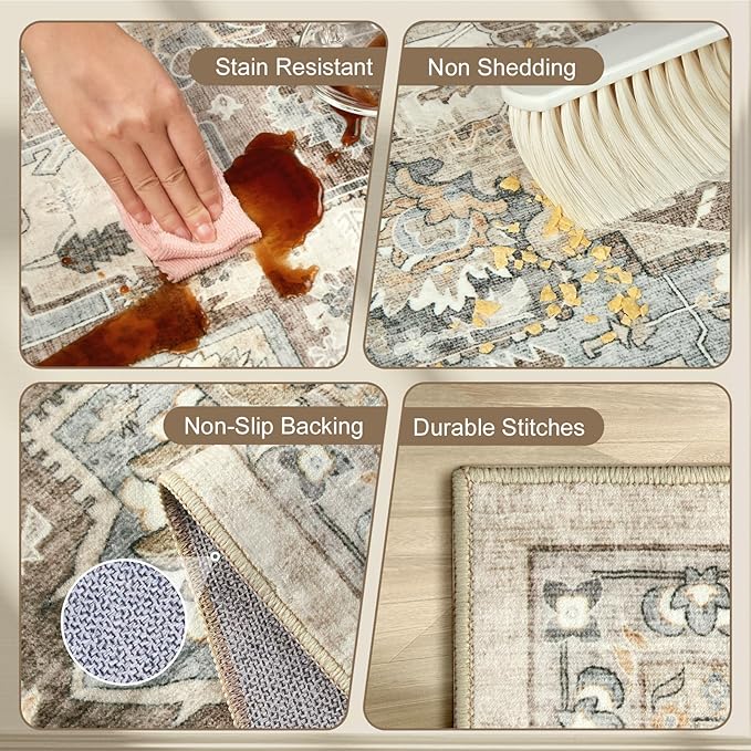 Area Rugs for Living Room 6x9 - Machine Washable Vintage Oriental Soft Rug, Low Pile Thin Floor Carpet with Non Slip Backing for Bedroom, Dorm, Under Dining Room Table, Indoor House, Office Decor