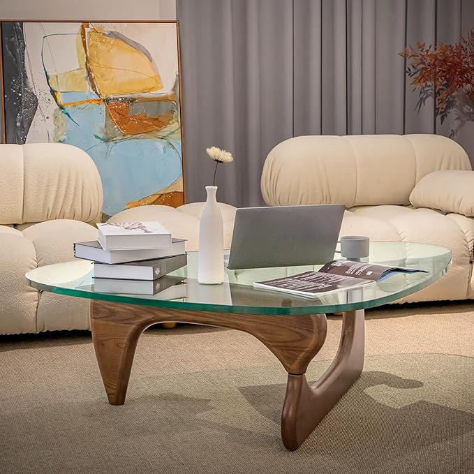 Triangle Glass Coffee Table with Solid Wood Base, 0.8'' Thick Clear Glass Top, 51'' Width Mid Century Modern Coffee Table for Living Room Bedroom Reception (Light Walnut)