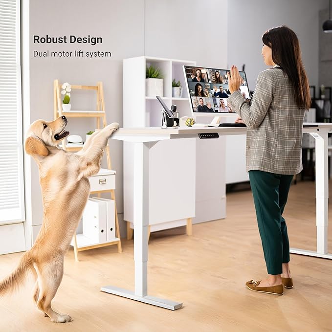 Progressive Desk Large Electric Stand Up Office Home Standing Desk Table, White Frame and Light Bamboo Ergo-Cut Tabletop Solo Ryzer 72"x 30"