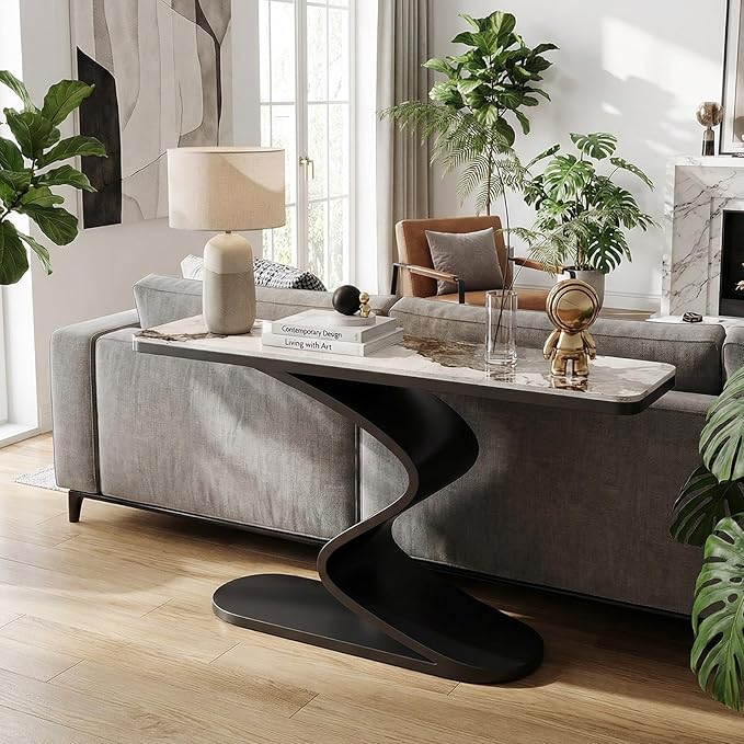 Modern Console Table with Sintered Stone Top, 47" Entryway Table with Sculptural S-Shaped Base Narrow Hallway Sofa Table Behind Couch for Living Room, Accent Furniture(Black,47.2"x11.8"x31.5")