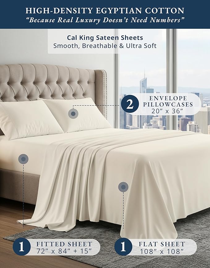 LANE LINEN 100% Egyptian Cotton California King Sheet Sets, Soft & Comfy Luxury Hotel Like Thick Fully Elasticized Mercerized Cotton Sheets Cal King Set, No Pill Fade Resistant Bedding - Ivory
